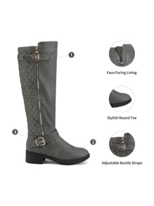 Women's Faux Furs-Lined Black Warm Winter Knee High Boots Low Stacked Heel Comfortable Outdoor Riding Round Toe Side Zipper Biker Motorcycle Buckle Boots