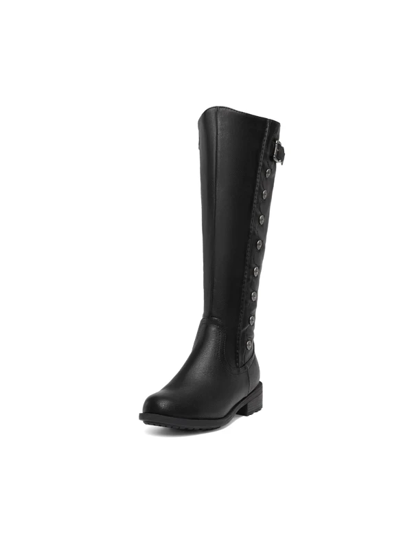 Women'S Black Pu Leather Knee High Winter Riding Boots Wide Calf