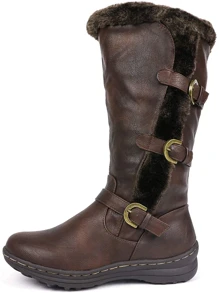 Women's Winter Fully Fur Lined Triple Buckle Ruched Snow Knee High Boots - 棕色 - 查看 4