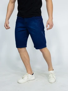 Men Denim Shorts - 深色水洗藍 - 查看 4