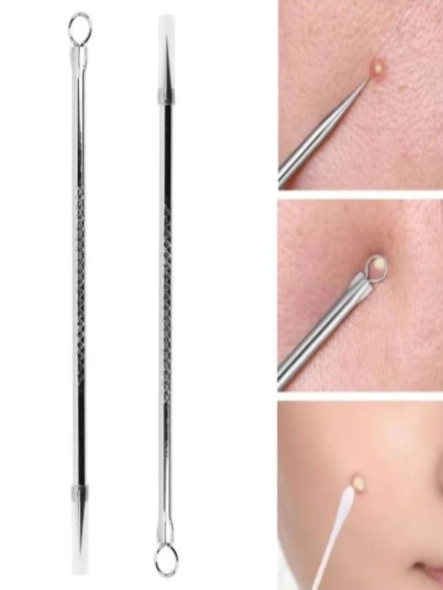 Kit C/2 Extrator Cureta Tira Acne Cravos E Espinha Limpeza - Prata - Visão 1