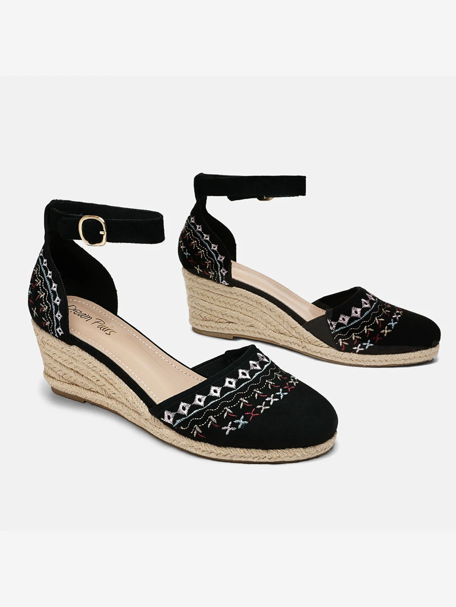 Women'S Canvas Closed Toe Ankle Strap Espadrilles Embroidery Casual And Comfortable Waterproof Platform Wedge Sandals - Black - View 1