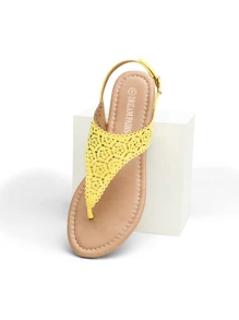Women Rhinestone Gladiator T-Strap Thong Sandals Casual Wear Cute Flat Sandals Adjustable Buckle Beach Dress Summer Shoes - 黃色 - 查看 6