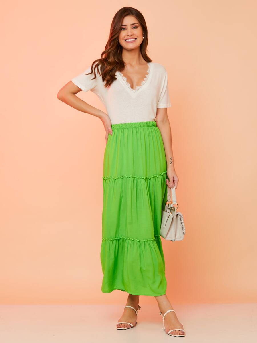Saia 3 maria midi lisa / saia midi/ saia viscolinho /moda evangelica - Verde Limão - Visão 1