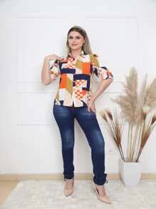 Camisa estampada geometrica tecido poliester - Damasco - Visão 4