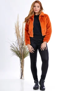 Women Faux Fur Coats - Orange - View 3