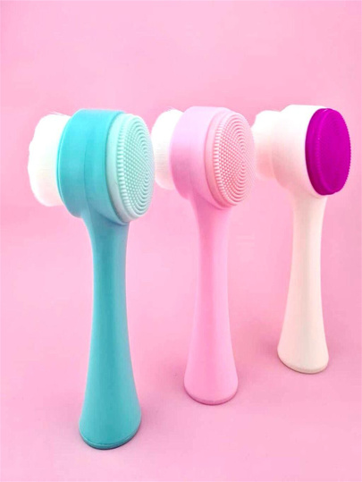 Escova de Limpeza Facial 2 em 1 Esponja Cerdas Macias Ponta Dupla de Silicone Esfoliante Aparelho Massagem Enviado Cor Aleatorio