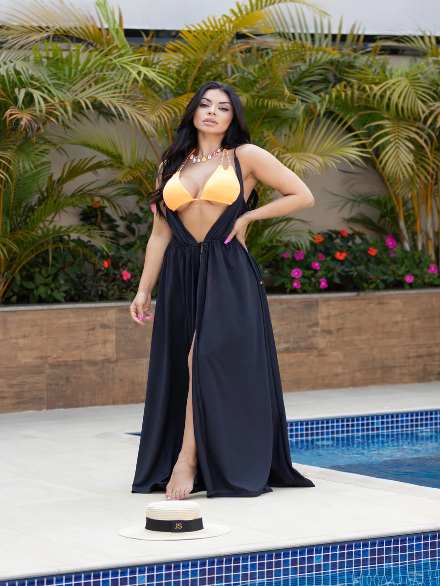 Saída de Praia Longa Vestido Alcinha Transparente - Preto - Visão 1
