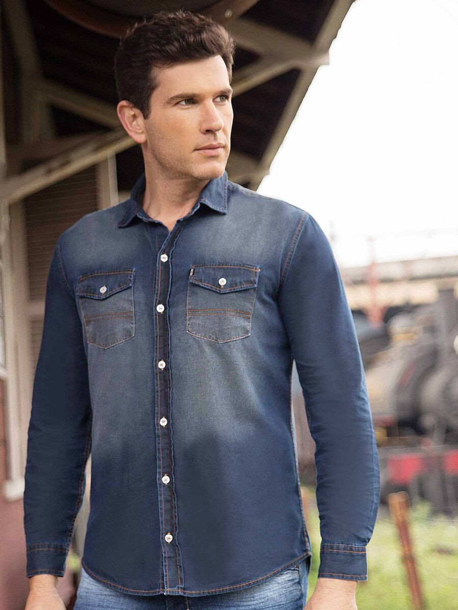 Men Denim Shirts - Azul lavado oscuro - Ver 1