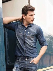 Men Denim Shirts - Azul lavado oscuro - Ver 2