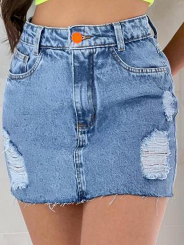 Saia jeans cintura alta hot sale rasgada