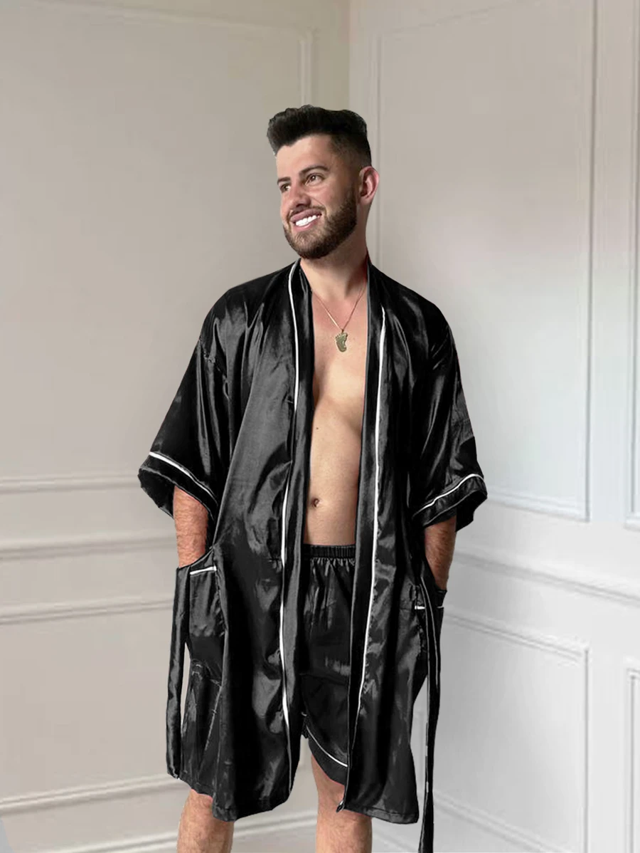 Conjunto de duas peças masculino com Hobby e shorts de cetim - Preto - Visão 1