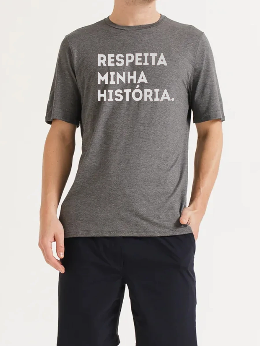 Camiseta Manga Curta Com Frase Respeita Minha Historia 100%Algodao Fio 30.1 Penteada Unisex Alta Qualidade - Chumbo - Visão 1