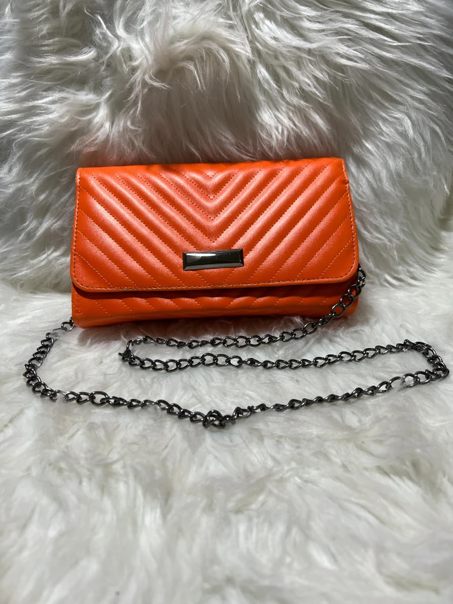 Bolsa bordada tiracolo com corrente Estilo V - Laranja - Visão 1