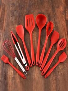 Kit 10 Peças Colheres De Silicone Cabo Inox Utensílios Cozinha - Vermelho - Visão 5