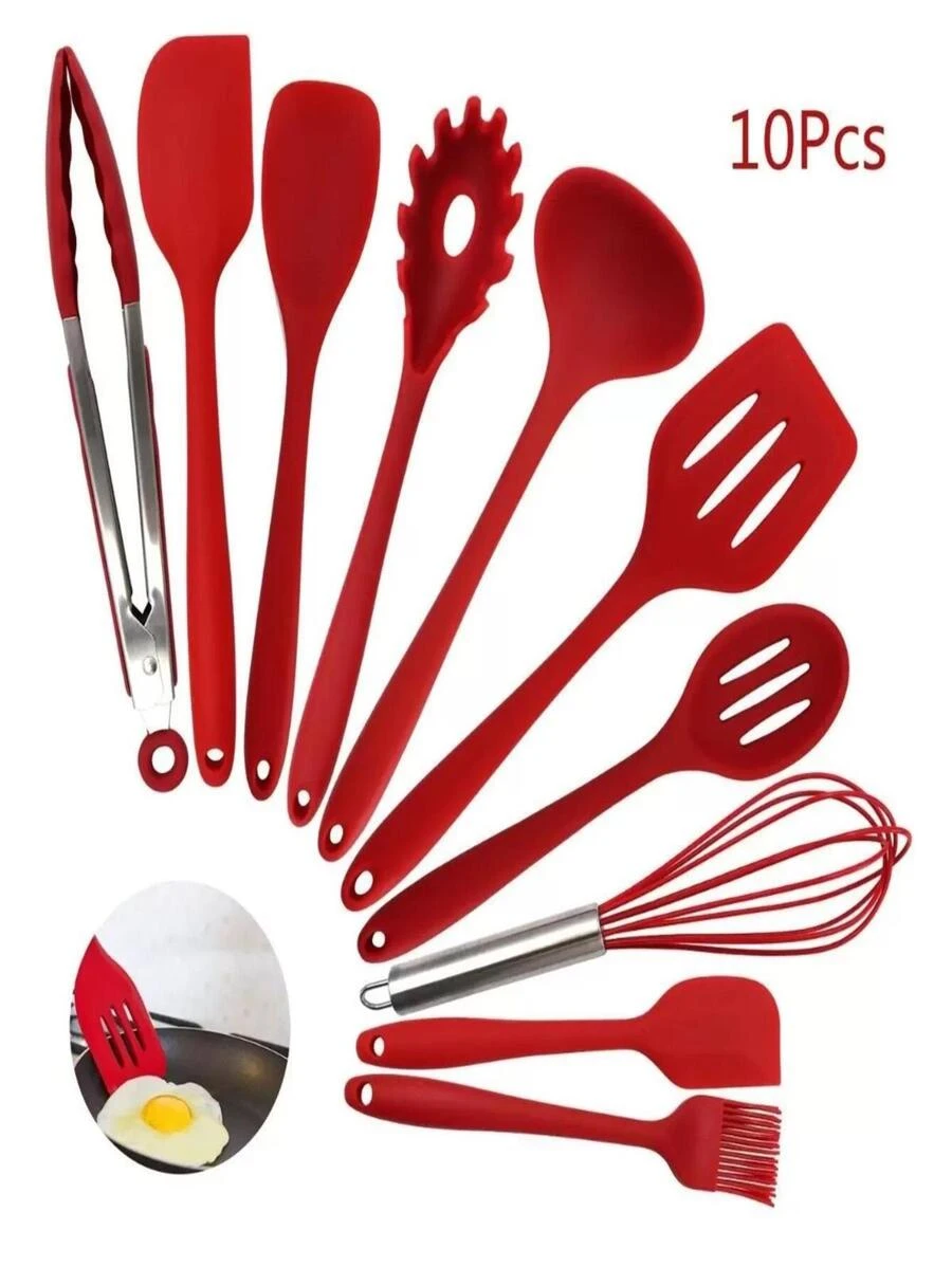 Kit 10 Peças Colheres De Silicone Cabo Inox Utensílios Cozinha - Vermelho - Visão 1