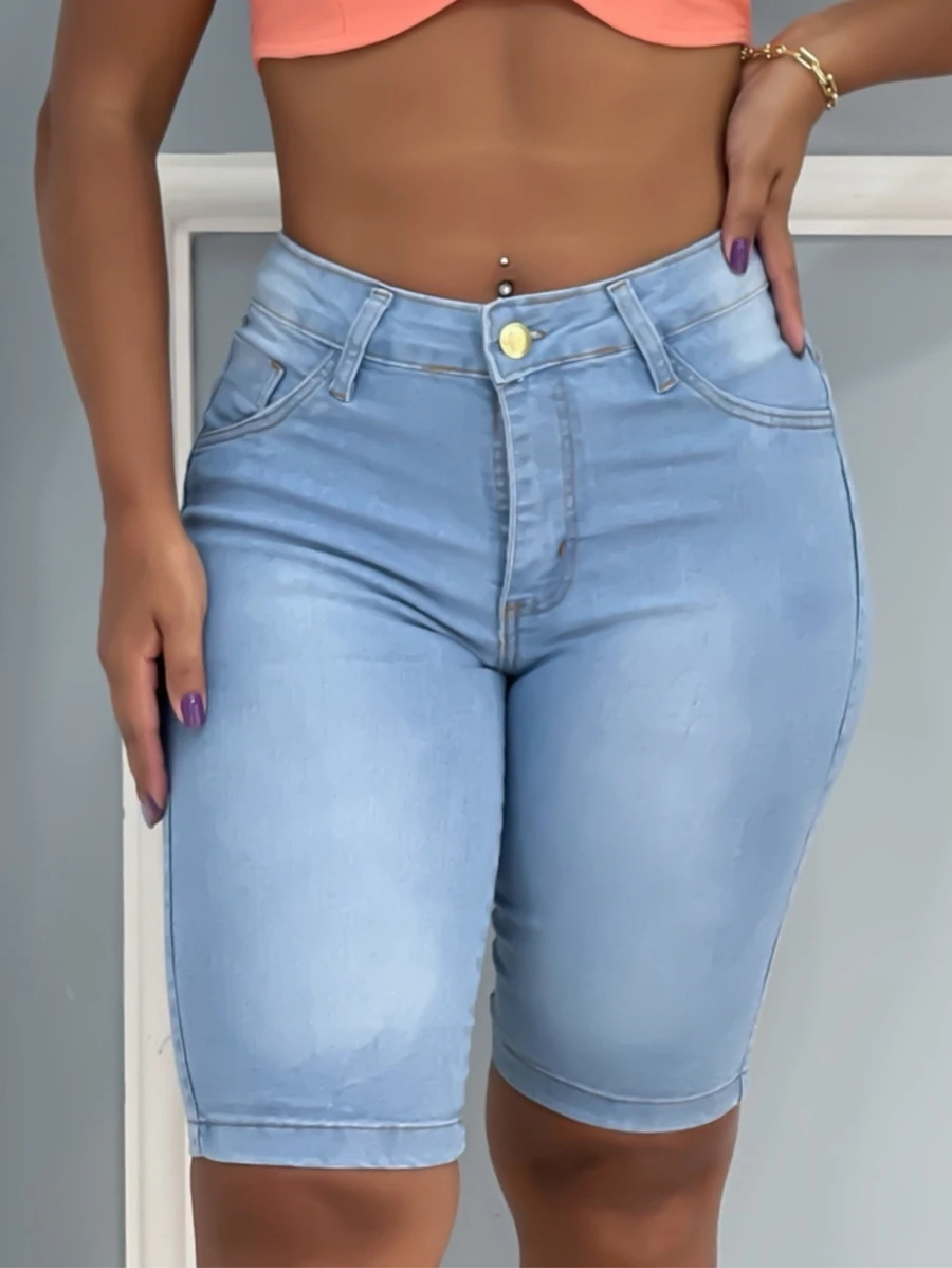 Women Denim Shorts - 淺色水洗藍 - 查看 1