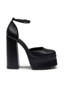 Women High Chunky Platform Closed Toe Block Heels Square Toe Ankle Strap Dress Wedding Party Festival Prom Pumps Shoes - màu đen - Xem 9