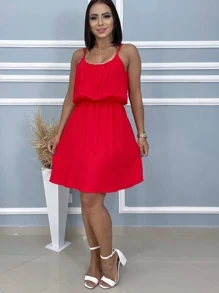 Vestido Feminino Liso Viscose Fresca Alto Qualitade Forrado - Vermelho - Visão 5