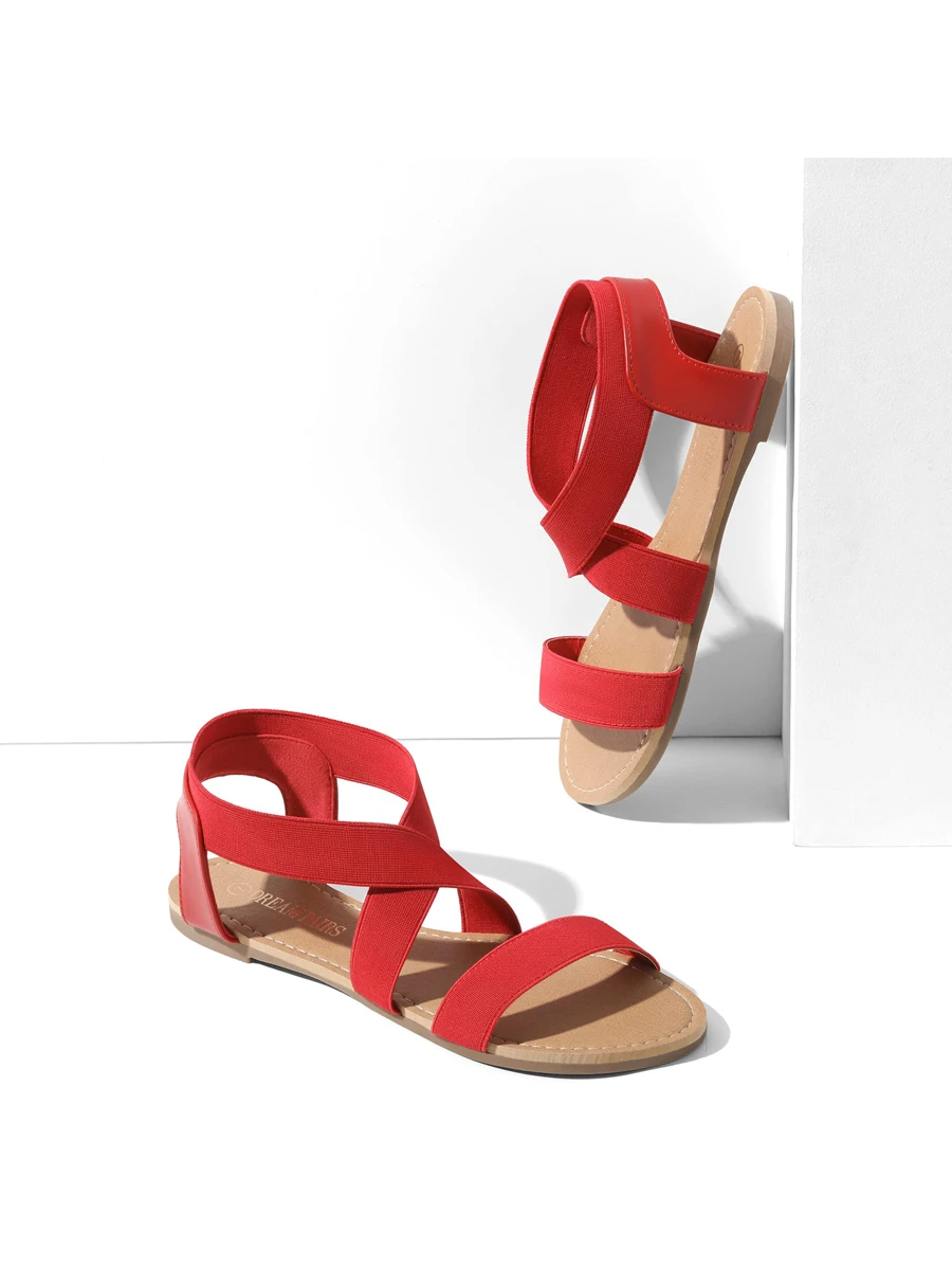 Women's Elastic Ankle Strap Flat Sandals Summer Dressy Shoes Cute Strappy Gladiator Sandals - 紅色 - 查看 1