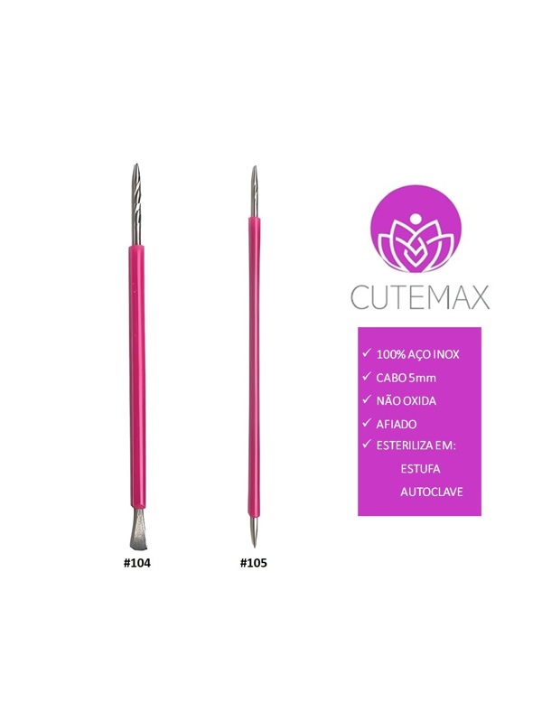 Palito unha + Espátula mista Cutemax Manicure Aço Inox e Silicone