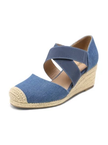 Women's Close Toe Espadrilles Platform Slip On Elastic  Cross Straps Dressy Wedges Sandals Matching Dress - 藍色 - 查看 9