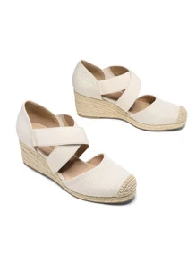 Women's Close Toe Espadrilles Platform Slip On Elastic  Cross Straps Dressy Wedges Sandals Matching Dress - 米色 - 查看 8