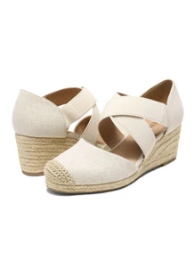 Women's Close Toe Espadrilles Platform Slip On Elastic  Cross Straps Dressy Wedges Sandals Matching Dress - 米色 - 查看 6
