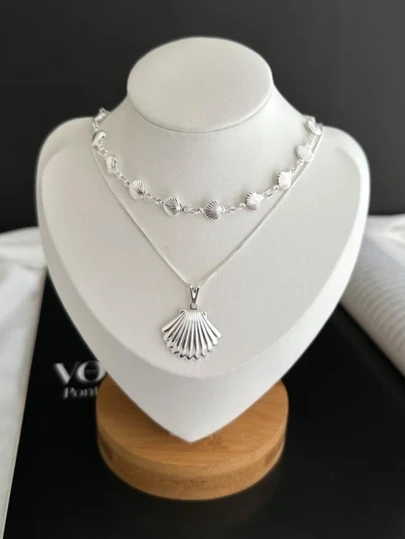 Colar Feminino Pingente Concha + Choker Conchinhas Prateado