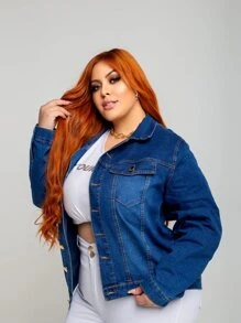 Plus Size Denim Jackets - 中等水洗藍 - 查看 3