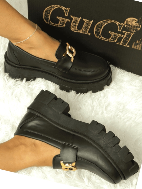 GuGi Mocassim Tratorado Blogueira Feminino Sapato Com Metal Dourado GuGi Com Solado Alto Leve Plataforma 403-GG