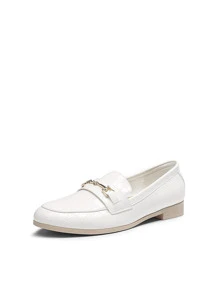 Loafers Women Shoes Leather Penny Loafers With Metallic Accessories TPR Outsole Classic Elegant Fashion Comfortable Dating Flats Shoes - 白色 - 查看 2