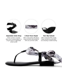 Women's Thong Flat Sandals Open Toe With Cute Square Strappy Adjustable Ankle Strap Fashion Summer Vacation T-Strap Sandals Shoes Two Style To Wear - 黑色 - 查看 3