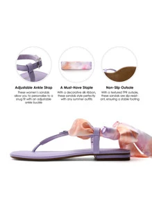 Women's Thong Flat Sandals Open Toe With Cute Square Strappy Adjustable Ankle Strap Fashion Summer Vacation T-Strap Sandals Shoes Two Style To Wear - Màu tím - Xem 3