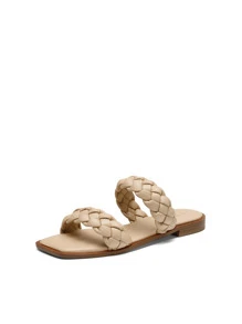 Women's Braided Sandals Slip On Slides Two Straps Square Toe Dressy Summer Sandals - 杏色 - 查看 6