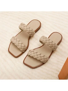 Women's Braided Sandals Slip On Slides Two Straps Square Toe Dressy Summer Sandals - 杏色 - 查看 2