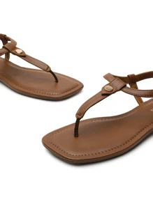 Women's Thong Flat Sandals Open Toe With Cute Square Strappy Adjustable Ankle Strap Fashion Summer Vacation T-Strap Sandals Shoes Two Style To Wear - màu nâu - Xem 8