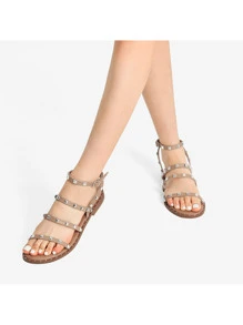 Women's Clear Studded Pearl Gladiator Strappy Flat Sandals Open Toe Cute Comfortable For Summer Wedding Beach Dressy - Màu be - Xem 4