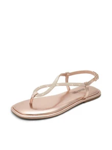 Sandalias planas de mujer con rhinestones de moda, con correa de tobillo para vestidos de verano, casuales, para el día de San Valentín - Oro rosa - Ver 4