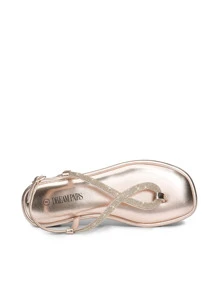 Sandalias planas de mujer con rhinestones de moda, con correa de tobillo para vestidos de verano, casuales, para el día de San Valentín - Oro rosa - Ver 8