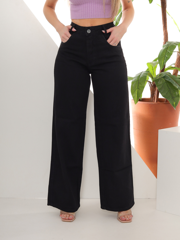 MODA Calça jeans wide leg feminina lisa de cintura alta