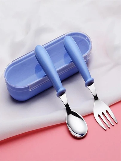 Kit Conjunto Talher Bebê Infantil Garfo e Colher em Inox 304 com Estojo 3 peças