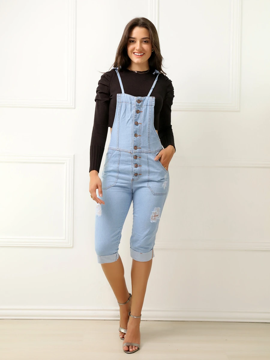 Women Denim Overalls & Jumpsuits - 淺色水洗藍 - 查看 1