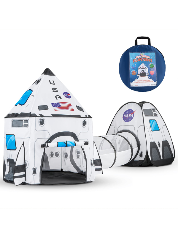 JOYIN White Rocket Ship Pop up Play Tent with Tunnel and Playhouse Kids