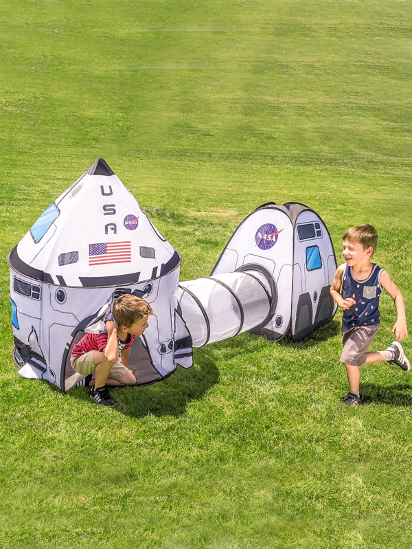 JOYIN White Rocket Ship Pop up Play Tent with Tunnel and Playhouse Kids