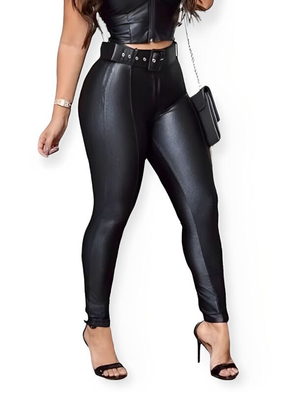 Calça Disco de Cinto Feminina Couro Fake Cirrê Legging Modela
