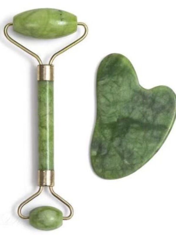 Rolinho com Pedra de Jade Placa Gua Sha Massagem Facial Anti Ruga