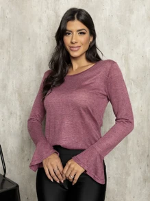 Blusa de malha com brilho  ilhós e manga flair - Vinho - Visão 5