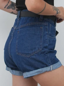 Women Denim Shorts - 深色水洗藍 - 查看 4