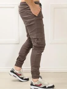 Calça Cargo Jogger Masculina Sarja Colorida Com Elástico - Chumbo - Visão 3